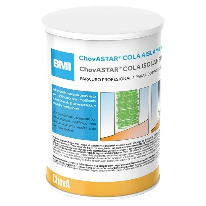 Chova Adhesivo para placas aislantes - 5 l - Bote blanco de adhesivo aislante ChovASTAR con etiquetas azules y amarillas, para uso profesional.