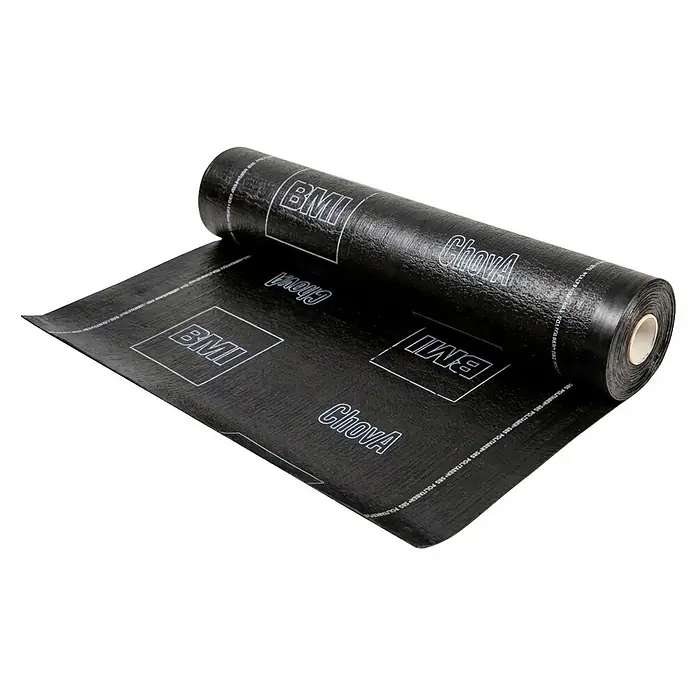 Chova Lámina asfáltica Politaber Vel 30 12 m² - Otros, Negro - Rollo negro de membrana impermeabilizante con logotipos 'BMI' y 'ChoVA'.
