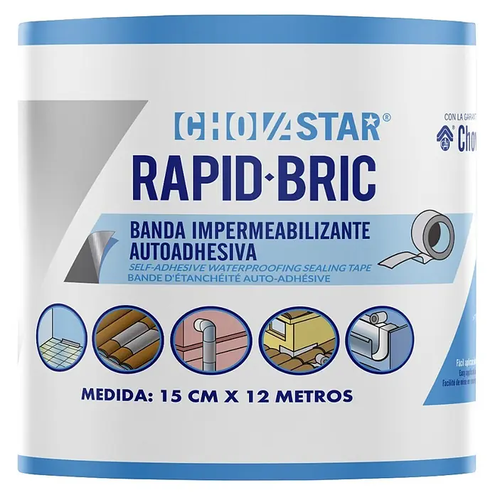 Chova Cinta de sellado Rapid bric - An x L: 15 cm x 12 m, Aluminio - Envase blanco de cinta impermeabilizante autoadhesiva Chovastar Rapid-Bric, 15 cm x 12 metros.