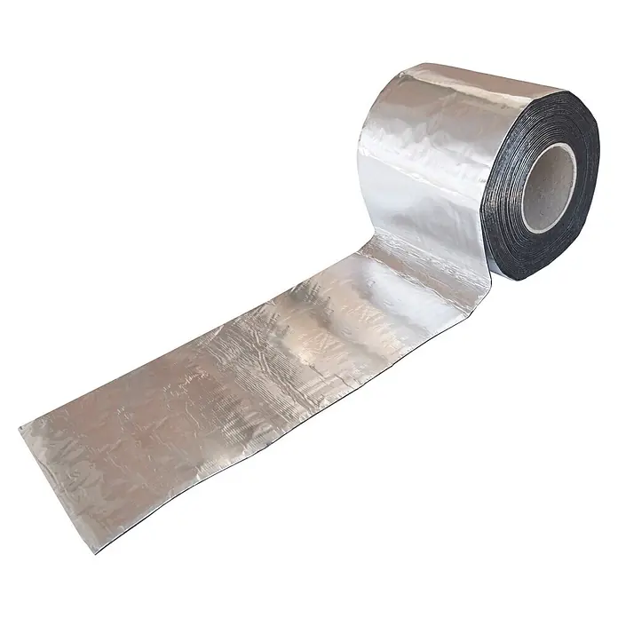 Chova Cinta de sellado Rapid bric - An x L: 15 cm x 12 m, Aluminio - Rollo de cinta selladora metálica plateada con capa adhesiva negra y núcleo de cartón, parcialmente desenrollada.
