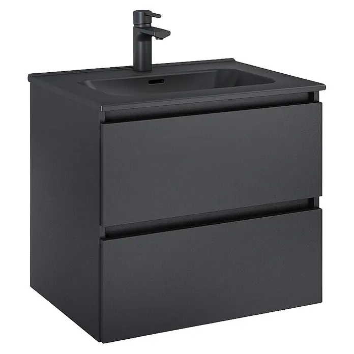 Riva Lynn Waschtischunterschrank - B x T x H: 60 x 45,6 x 53 cm, Schwarz, Matt - Mattschwarzer Waschtischunterschrank mit integriertem Waschbecken, schwarzer Armatur und zwei Schubladen.