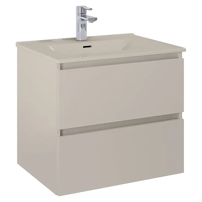 Riva Lynn Waschtischunterschrank - B x T x H: 60 x 45,6 x 53 cm, Fume, Matt - Moderne hellgraue Badmöbel mit integriertem Waschbecken, Chromarmatur und zwei Schubladen.