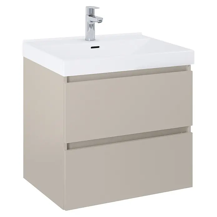 Riva Lynn Waschtischunterschrank - B x T x H: 60 x 45,6 x 53 cm, Fume, Matt - Heller beiger Badunterschrank mit zwei Schubladen, integriertem weißen Waschbecken und Chromarmatur.