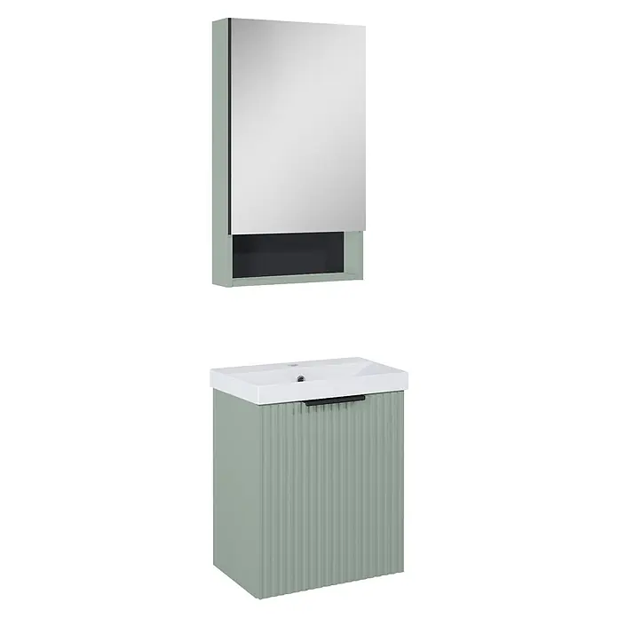 Riva Yasumi Badmöbel-Set - Gesamtbreite Badmöbel: 46 cm, Sage, Matt, 2 -tlg. - Salbeigrünes Badmöbel-Set mit Spiegelschrank und gerilltem Waschtischunterschrank mit weißem Waschbecken und schwarzem Griff.