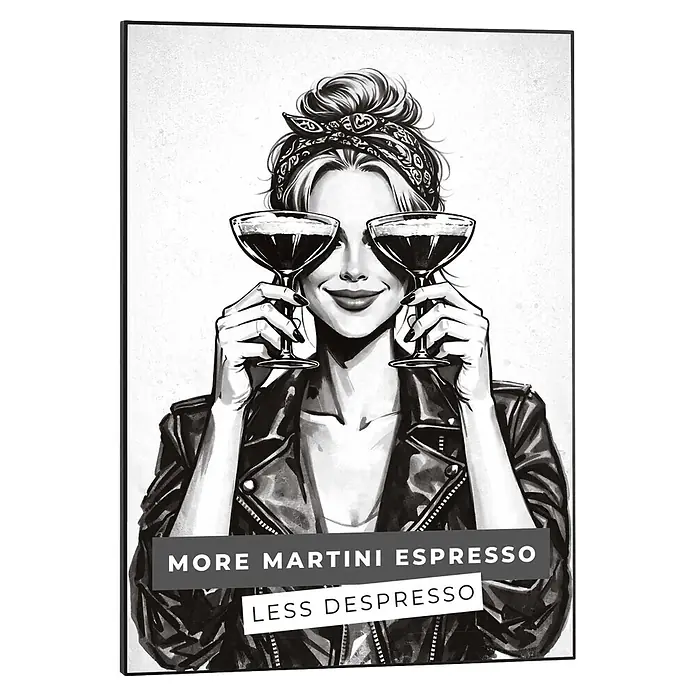 Reinders Bild Slim Frame Black - Less Depresso, B x H: 50 x 70 cm - Schwarz-weiße Illustration einer lächelnden Frau in Lederjacke mit zwei Espresso-Martini-Gläsern und Text.