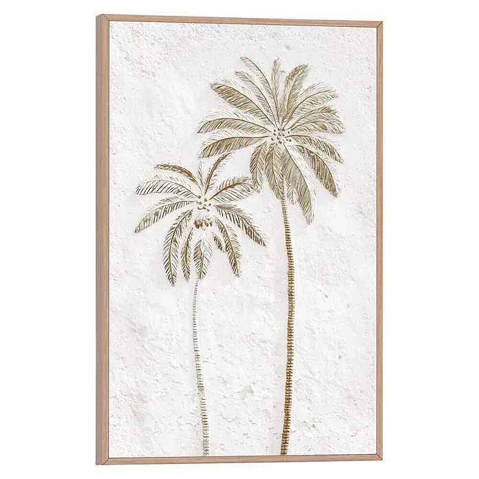 Reinders Bild Slim Frame Wood - Still Palms, B x H: 20 x 30 cm - Gerahmtes Reliefbild mit zwei goldenen Palmen auf strukturiertem Weiß, heller Holzrahmen.