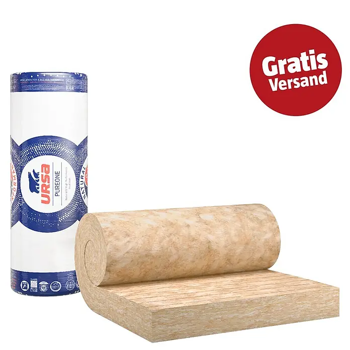 Ursa PureOne Glaswolle Spannfilz SF 31 - Stärke: 220 mm, Wärmeleitfähigkeit: 0,031 W/(mK) - Rolle und ausgerollter Abschnitt hellbrauner URSA PureOne Mineralwolldämmung.