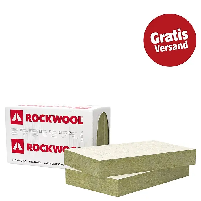 Rockwool Steinwolle Planarock Top 35 Kellerdeckendämmung - Stärke: 60 mm, Wärmeleitfähigkeit: 0,034 W/(mK) - Rockwool Mineralwolle-Dämmplatten und ein verpacktes Bündel des Materials.