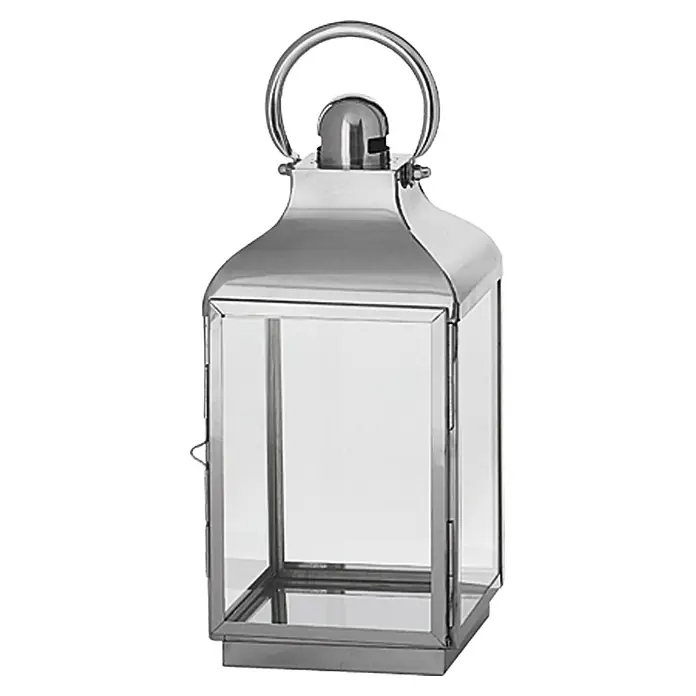 Farolillo de acero inoxidable Berta - 17 x 17 x 38 cm - Imagen de una linterna plateada pulida con paneles de vidrio transparente, ideal para crear una luz ambiental en interiores o exteriores.