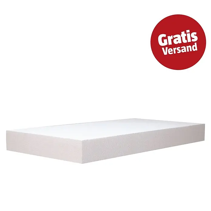 WDVS-Dämmplatte 034 - Stärke: 200 mm, Expandiertes Polystyrol (EPS), 0,033 W/(mK) - Weiße rechteckige Schaumstoffmatratze mit rotem 'Gratis Versand' Abzeichen.