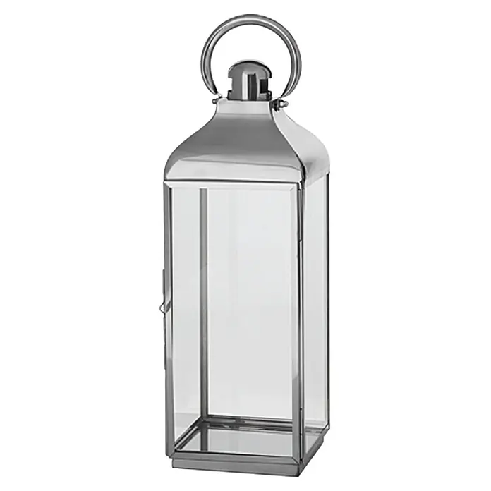 Farolillo de acero inoxidable Berta - 24 x 24 x 79 cm - Elegante farol plateado con paneles de vidrio transparente. Este farol tiene una práctica asa de transporte y un diseño moderno.