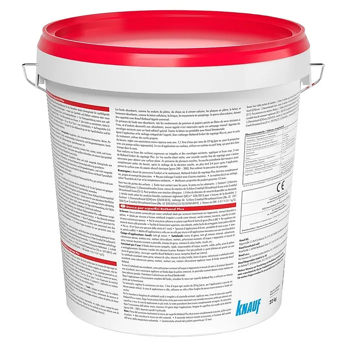Knauf Rotband Flächenspachtel Plus - 22 kg - Weißer Knauf-Eimer mit rotem Deckel, enthält 22 kg Produkt.