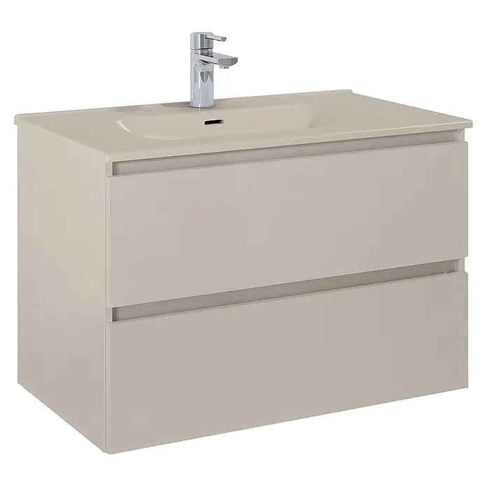 Riva Lynn Waschtischunterschrank - B x T x H: 80 x 45,6 x 53 cm, Fume, Matt - Hellbeiger Badunterschrank mit integriertem Waschbecken, Armatur und zwei Schubladen.