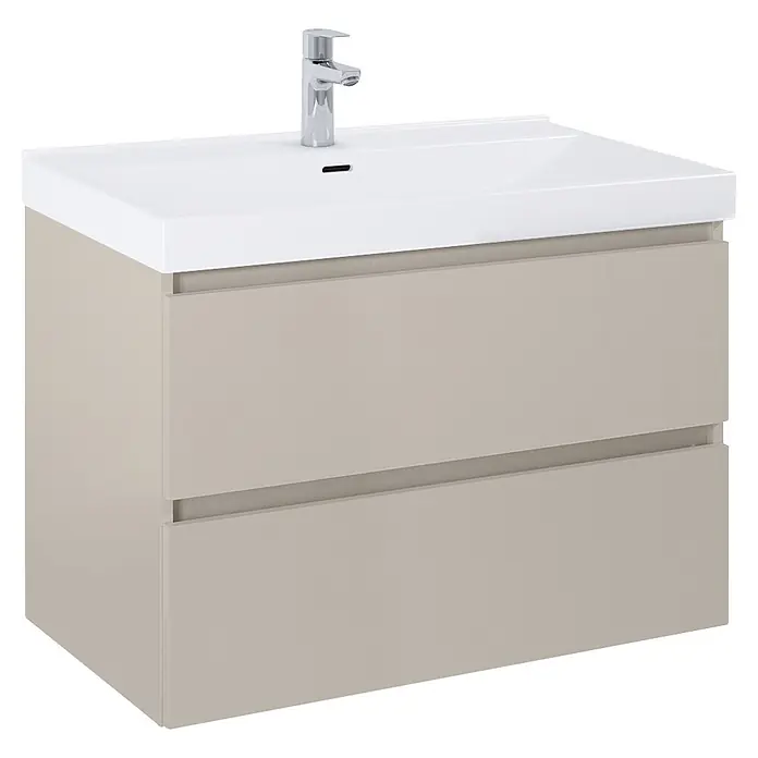Riva Lynn Waschtischunterschrank - B x T x H: 80 x 45,6 x 53 cm, Fume, Matt - Hellgrauer moderner Badunterschrank mit zwei Schubladen, weißem Keramikwaschbecken und Chromarmatur.