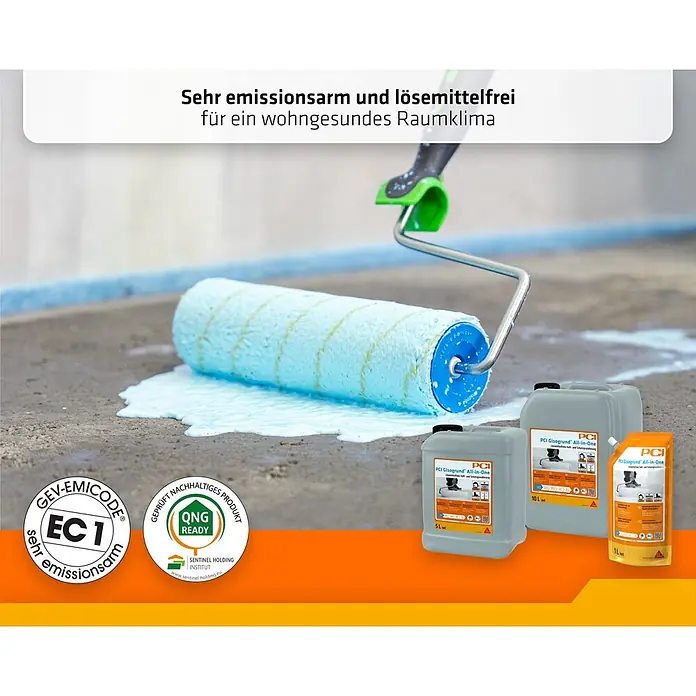 PCI Gisogrund Primer All-in-One - Blau, 5 l - PCI Gisogrund All-in-One Grundierung (1L, 5L, 10L) mit Roller auf Betonboden aufgetragen. Zertifiziert emissionsarm.