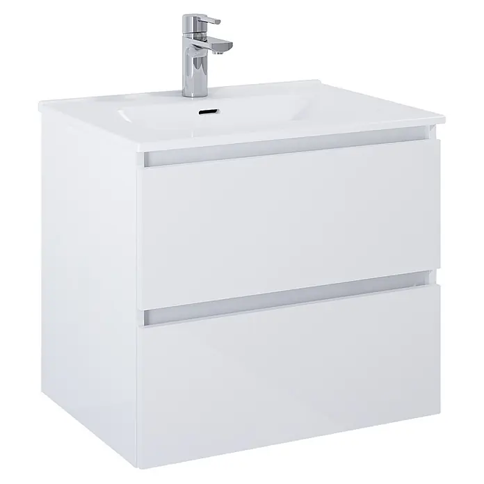 Riva Lynn Waschtischunterschrank - B x T x H: 60 x 45,6 x 53 cm, Weiß Matt, Matt - Weißer Badunterschrank mit integriertem Waschbecken, Chromarmatur und zwei grifflosen Schubladen.