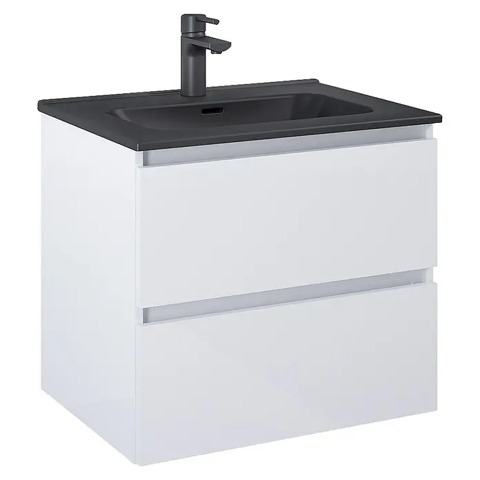 Riva Lynn Waschtischunterschrank - B x T x H: 60 x 45,6 x 53 cm, Weiß Matt, Matt - Weißer Badunterschrank mit dunkelgrauer Arbeitsplatte, integriertem Waschbecken und passendem Wasserhahn, mit zwei Schubladen.