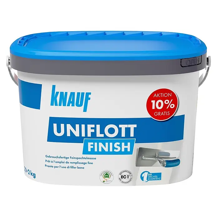 Knauf Feinspachtel Uniflott Finish - 22 kg, Gebrauchsfertig - Weiß-blauer Knauf Uniflott Finish 20+2kg Eimer gebrauchsfertiger Feinspachtelmasse, mit '10% GRATIS' Aktion.
