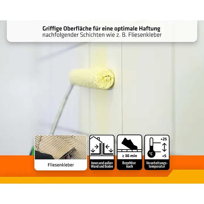 PCI Gisogrund Haftgrundierung Xtra Grip - 1 l - Gelbe Grundierung wird mit einer Rolle aufgetragen, um eine optimale Haftfläche für Fliesenkleber an Wänden und Böden zu schaffen.