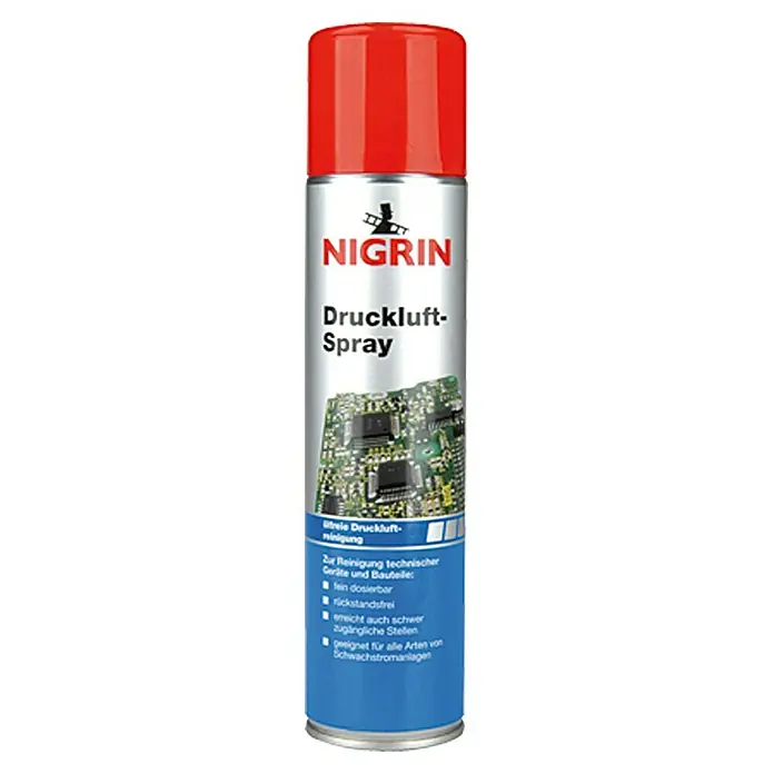Nigrin Druckluftspray - 400 ml - Druckluftspray von Nigrin zur Reinigung technischer Geräte und Bauteile. Ideal für schwer zugängliche Stellen und Schwachstromanlagen.