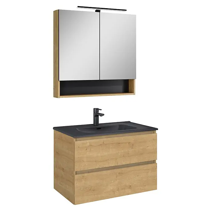 Riva Lynn Waschtischunterschrank - B x T x H: 80 x 45,6 x 53 cm, Hamilton Eiche - Badmöbel-Set in Holzoptik mit schwarzem Waschbecken, Armatur und Spiegelschrank mit Beleuchtung.