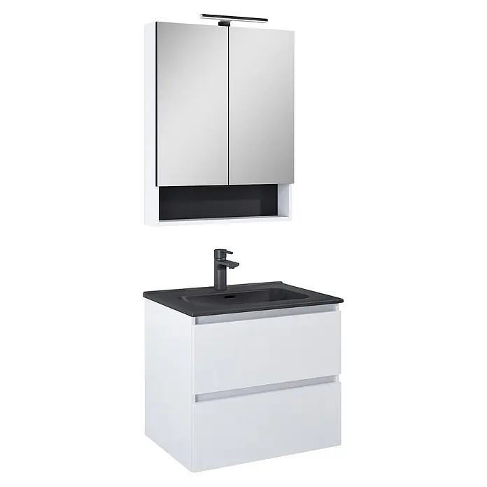 Riva Lynn Waschtischunterschrank - B x T x H: 60 x 45,6 x 53 cm, Weiß Matt, Matt - Weißer Badunterschrank mit schwarzem Waschbecken und Armatur, darüber Spiegelschrank mit Beleuchtung.