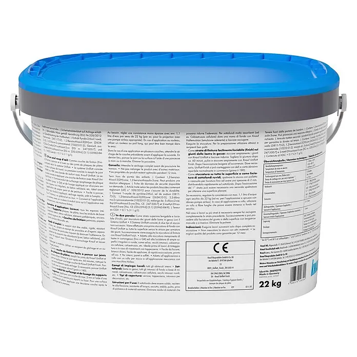 Knauf Feinspachtel Uniflott Finish - 22 kg, Gebrauchsfertig - Weißer 22kg Eimer Knauf Uniflott Finish mit blauem Deckel, zum Spachteln von Gipsplatten und Oberflächen.