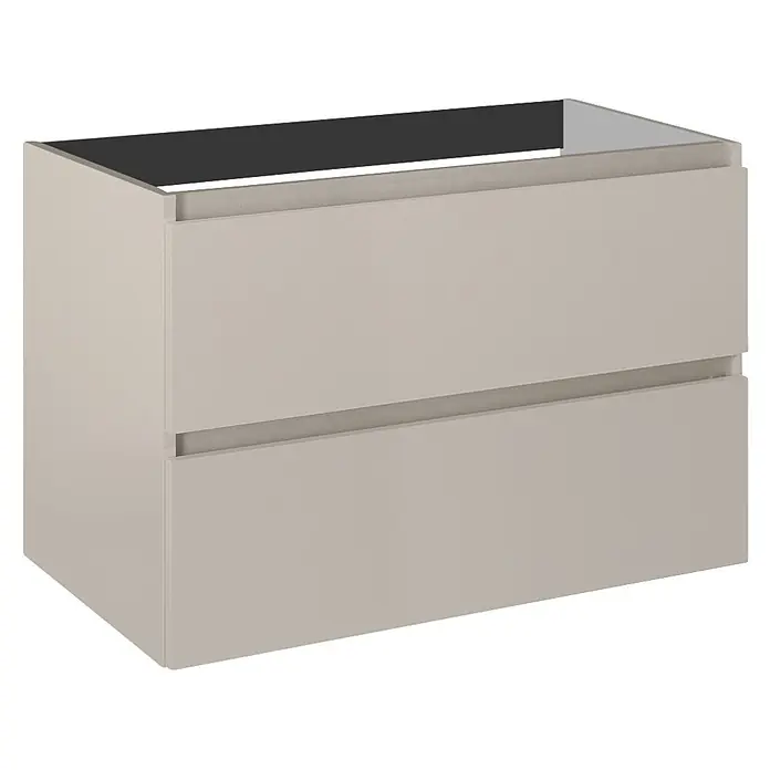 Riva Lynn Waschtischunterschrank - B x T x H: 80 x 45,6 x 53 cm, Fume, Matt - Hellgrauer Wandschrank mit zwei Schubladen und schwarzer Platte.