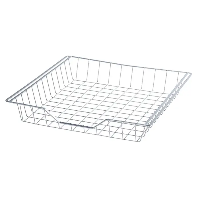 Regalux Clever Cesta - 43 x 45 x 7 cm, Metal - Imagen de un escurreplatos cuadrado de alambre metálico plateado con recortes cuadrados para guardar platos.