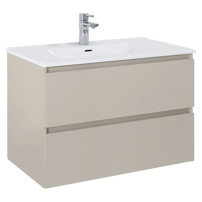 Riva Lynn Waschtischunterschrank - B x T x H: 80 x 45,6 x 53 cm, Fume, Matt - Hellbrauner Waschtischunterschrank mit zwei Schubladen, integriertem weißen Keramikwaschbecken und Chromarmatur.
