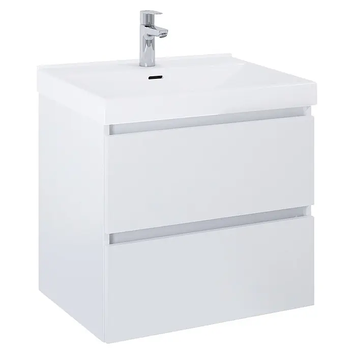Riva Lynn Waschtischunterschrank - B x T x H: 60 x 45,6 x 53 cm, Weiß Matt, Matt - Weißer Waschtischunterschrank mit integriertem Waschbecken und Chromarmatur, mit zwei Schubladen.