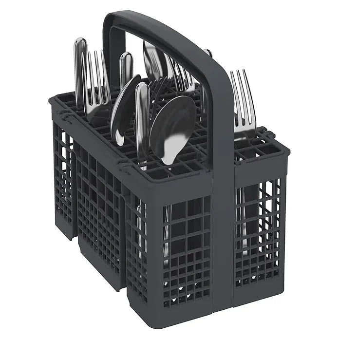 Beko Lavavajillas libre instalación BDFN26440XC - Ancho: 59,8 cm, Número de cubiertos: 14 ud. - Cesto de cubiertos de lavavajillas de plástico gris oscuro, lleno de tenedores y cucharas metálicas brillantes.