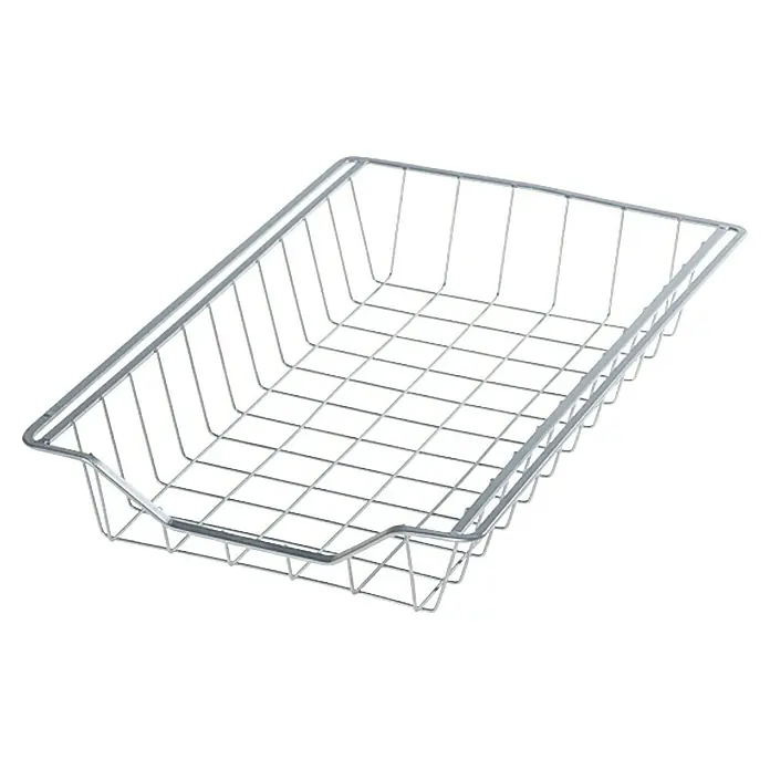 Regalux Clever Korb - 45 x 28 x 7 cm, Metall - Bild einer rechteckigen, verchromten Drahtschale. Ideal für Küche oder Bad zur Aufbewahrung von Gegenständen und zur Organisation.