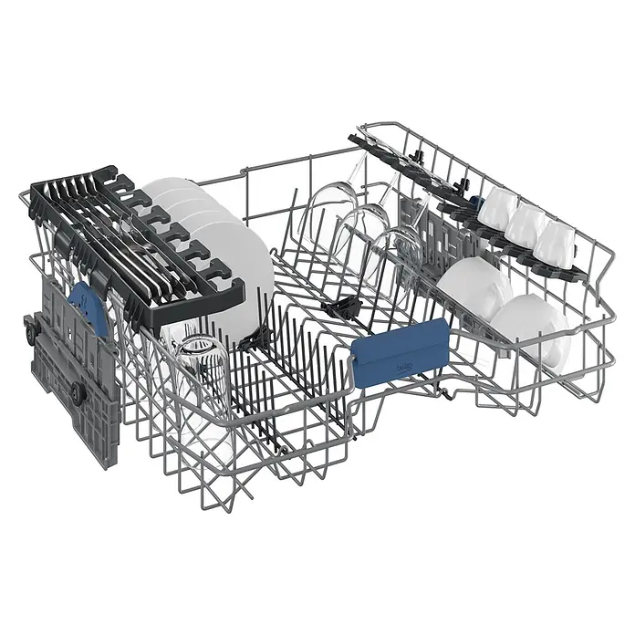 Beko Lavavajillas libre instalación BDFN26440XC - Ancho: 59,8 cm, Número de cubiertos: 14 ud. - Cestas de lavavajillas llenas de platos, cubiertos, vasos y tazas, de metal gris con detalles de plástico azul.