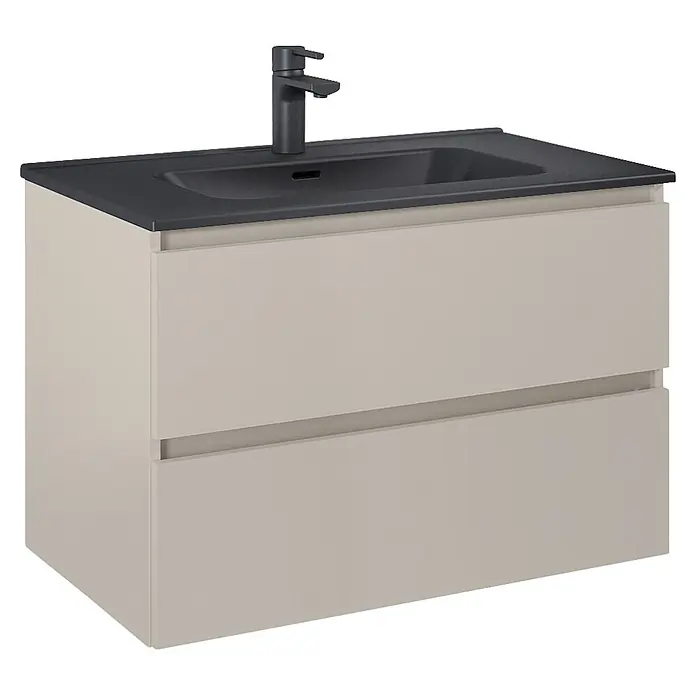 Riva Lynn Waschtischunterschrank - B x T x H: 80 x 45,6 x 53 cm, Fume, Matt - Modernes hellbeiges Badmöbel mit zwei Schubladen, integriertem dunkelgrauen Waschbecken und schwarzer Armatur.