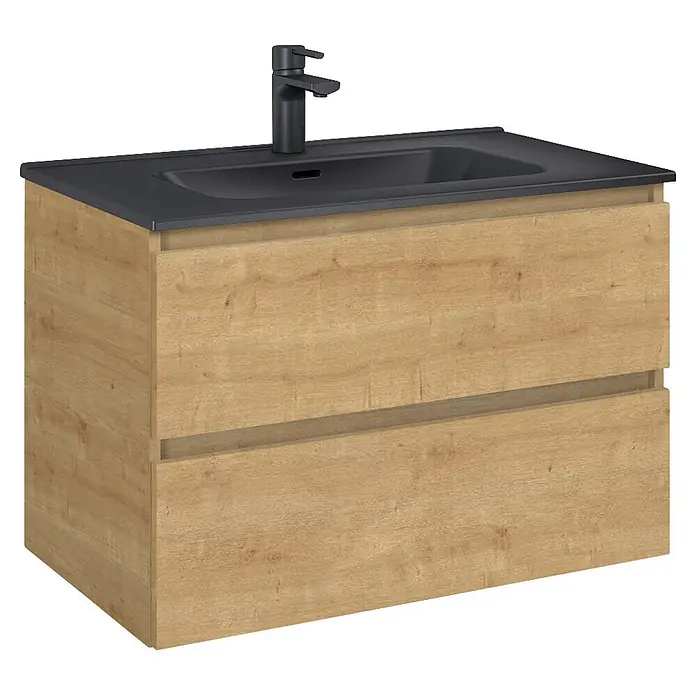 Riva Lynn Waschtischunterschrank - B x T x H: 80 x 45,6 x 53 cm, Hamilton Eiche - Holzmaserung-Badezimmermöbel mit schwarzem integriertem Waschbecken, Arbeitsplatte und Wasserhahn, mit zwei Schubladen.
