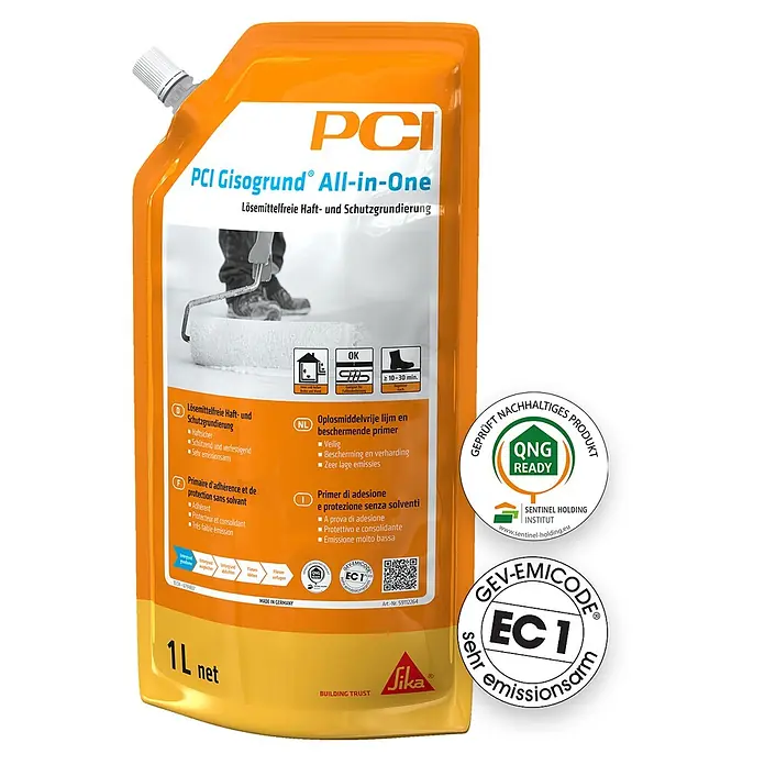 PCI Gisogrund Primer All-in-One - Blau, 1 l - Orange 1L PCI Gisogrund All-in-One lösemittelfreie Grundierung in einem flexiblen Beutel für Haftung und Schutz.