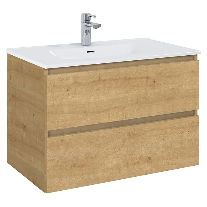 Riva Lynn Waschtischunterschrank - B x T x H: 80 x 45,6 x 53 cm, Hamilton Eiche - Wandhängender Badwaschtisch mit hellem Holzunterschrank (Eichenoptik), weißem Keramikbecken und Chromarmatur. Zwei Schubladen.