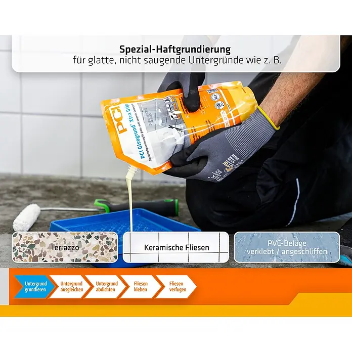 PCI Gisogrund Haftgrundierung Xtra Grip - 1 l - Person gießt PCI Gisogrund Xtra Grip Haftgrundierung aus Beutel. Spezialgrundierung für glatte, nicht saugende Untergründe vor Fliesen.