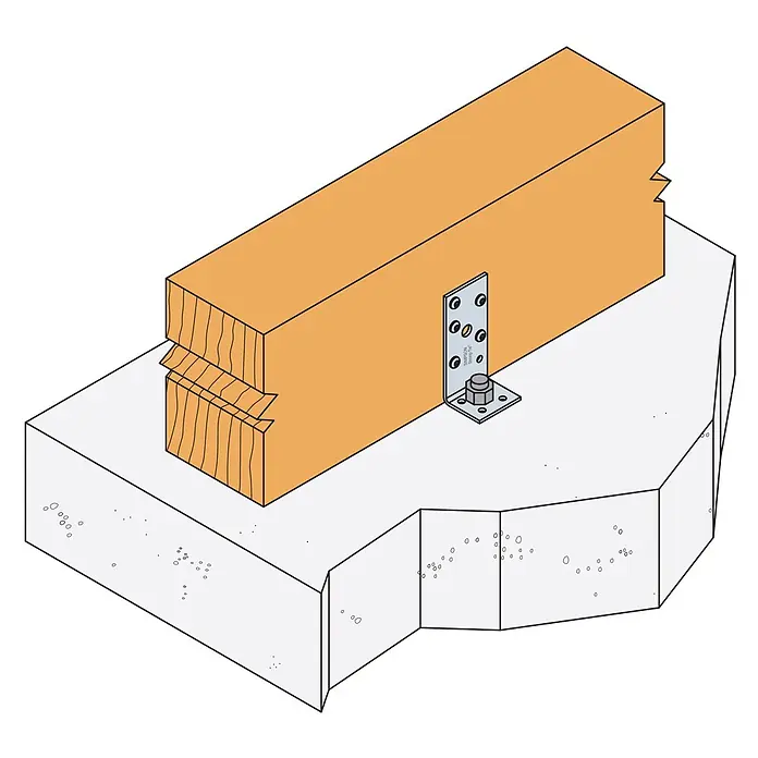 Simpson Strong-Tie Winkelverbinder AH - 35 x 40 x 90 mm - Holzträger mit Metallwinkel und Ankerbolzen auf Betonfundament befestigt.