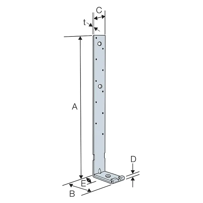 Simpson Strong-Tie Zuganker LTT - 70 x 51 x 502 mm - Silberfarbener L-förmiger Metallwinkel mit langem vertikalen Arm und kurzem horizontalen Boden, mit Schraublöchern und Maßangaben.