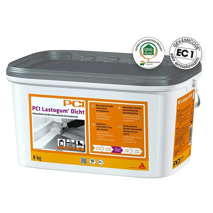 PCI Lastogum Dicht - 8 kg, Grau - Weißer Eimer PCI Lastogum Dicht, eine flexible Abdichtung für den Innenbereich, mit grauem Deckel.