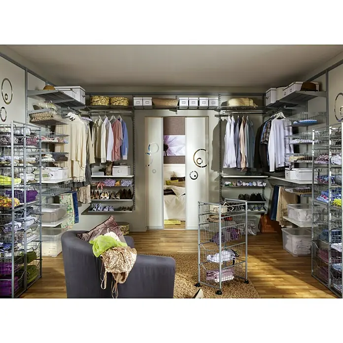Element System Drahtkorb - 35 x 80 cm, Mit Auszug, Weiß/Aluminium - Begehbarer Kleiderschrank mit Regalen, Kleiderstangen, Körben und Schubladen. Das System bietet viel Stauraum für Kleidung und Accessoires.