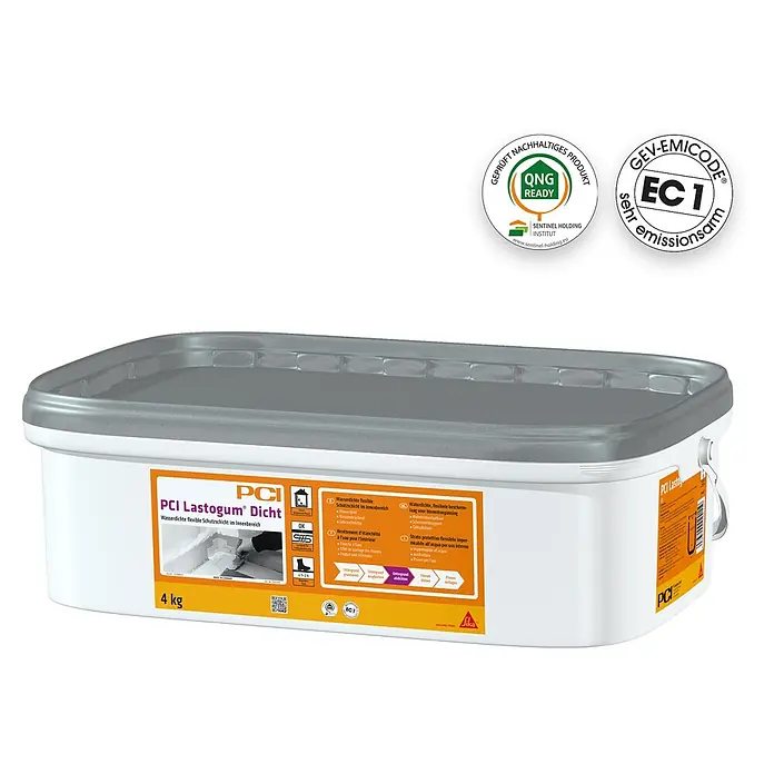 PCI Lastogum Dicht - 4 kg, Grau - Weißer 4 kg Eimer PCI Lastogum Dicht, eine wasserdichte, flexible Schutzschicht für Innenbereiche, mit grauem Deckel und orangefarbenem Etikett.