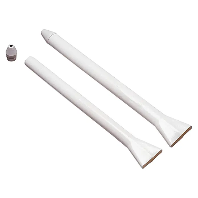 Wantenspanner-Schoner - Länge: 600 mm, 12 mm, Weichplastik - Das Bild zeigt zwei weiße Spatel und einen grauen Tropfer, wahrscheinlich für Labor- oder medizinische Zwecke.