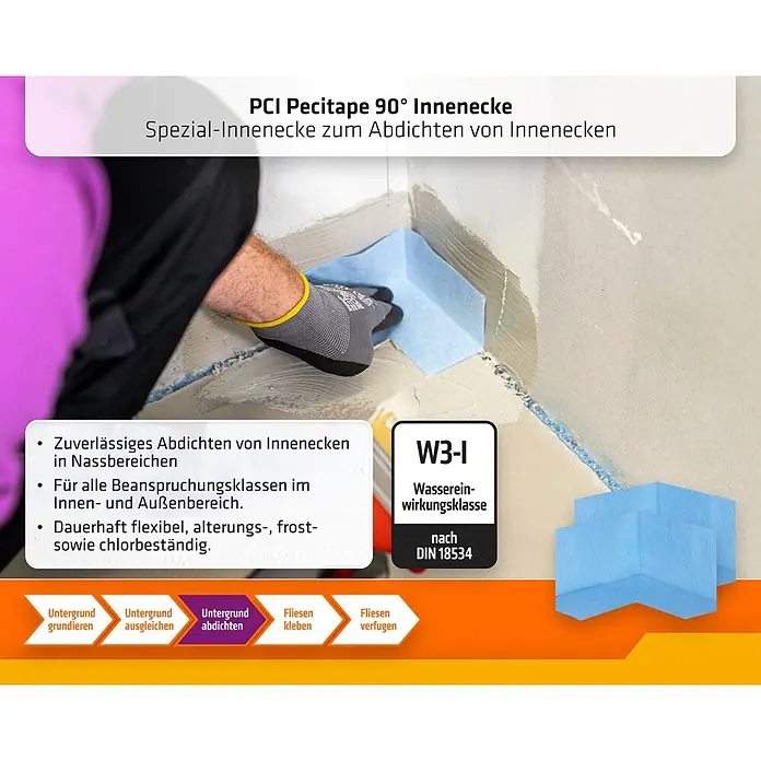 PCI Lastogum-Dichtset - Grau, 4 kg - Blaues PCI Pecitape 90° Inneneckstück zur Abdichtung einer Wandecke. Ideal für Nassbereiche.