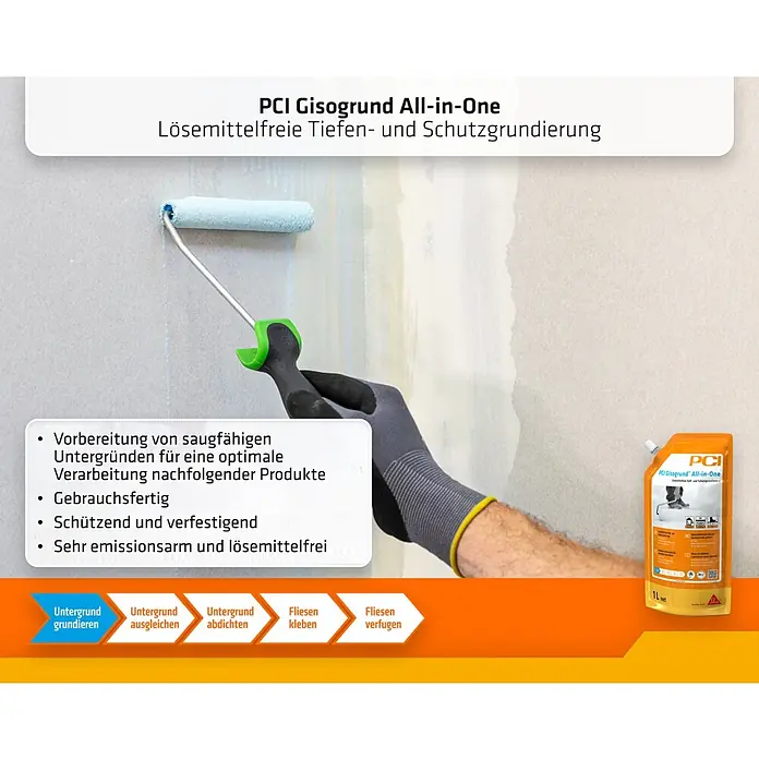 PCI Lastogum-Dichtset - Grau, 4 kg - Hand trägt hellblaue PCI Gisogrund All-in-One Grundierung mit einer Rolle auf eine Wand auf.