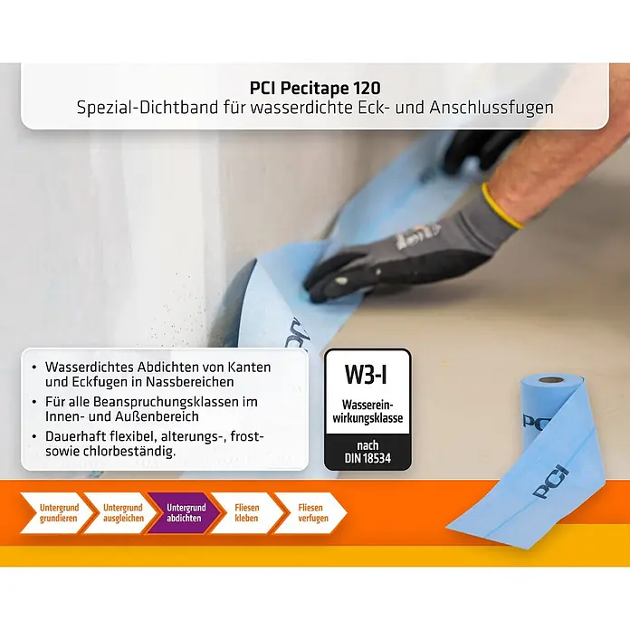 PCI Lastogum-Dichtset - Grau, 4 kg - Blaues PCI Pecitape 120 Dichtband wird in einer Ecke angebracht, daneben eine Rolle des Bandes.