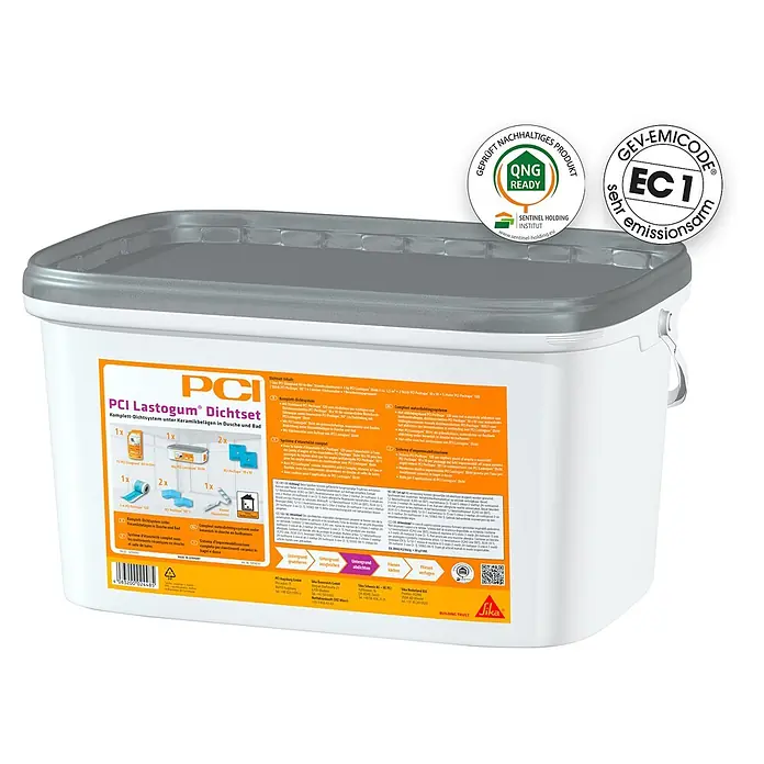 PCI Lastogum-Dichtset - Grau, 4 kg - Weißer Eimer mit grauem Deckel für PCI Lastogum Dichtset, ein Komplett-Dichtsystem für Keramikbeläge in Dusche und Bad.