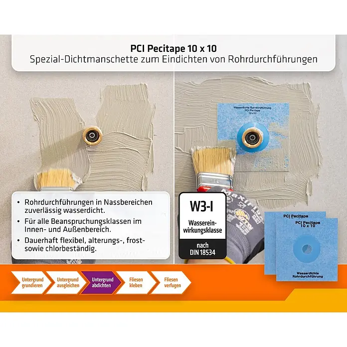 PCI Lastogum-Dichtset - Grau, 4 kg - Blaue PCI Pecitape 10x10 Dichtmanschette zur Abdichtung von Rohrdurchführungen in Nassbereichen.